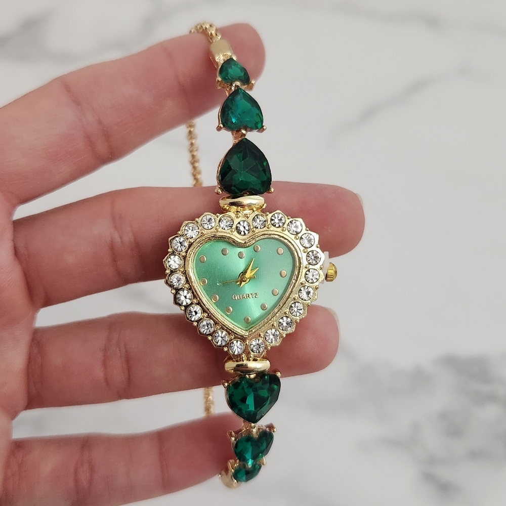 Vintage Green Casual Heart Shape Jewelry With Rhinestones Womens Watch - Picture 5 of 12